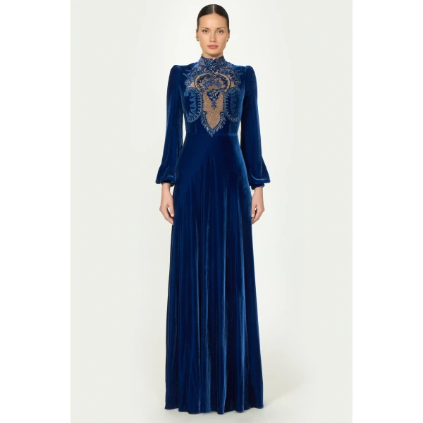 Costarellos Aliska Silk Velvet Lace Applique Gown in Electric Blue | Evening Gowns | Coveti