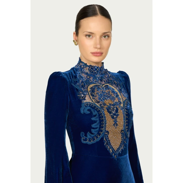Costarellos Aliska Silk Velvet Lace Applique Gown in Electric Blue | Evening Gowns | Coveti