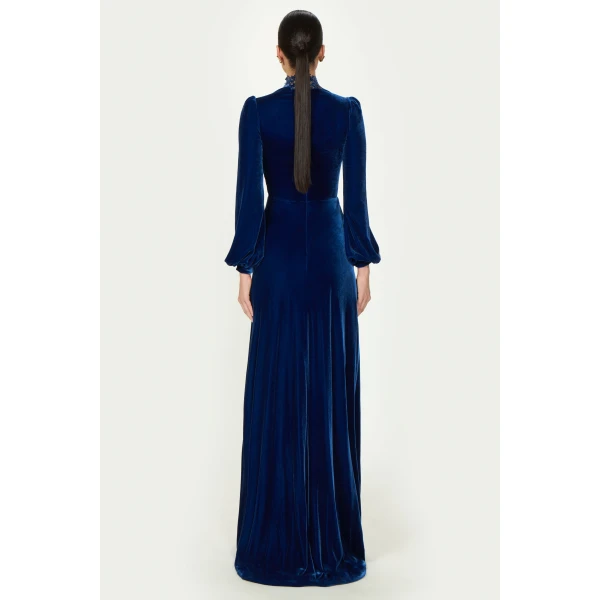 Costarellos Aliska Silk Velvet Lace Applique Gown in Electric Blue | Evening Gowns | Coveti