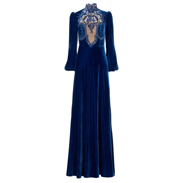 Costarellos Aliska Silk Velvet Lace Applique Gown in Electric Blue | Coveti