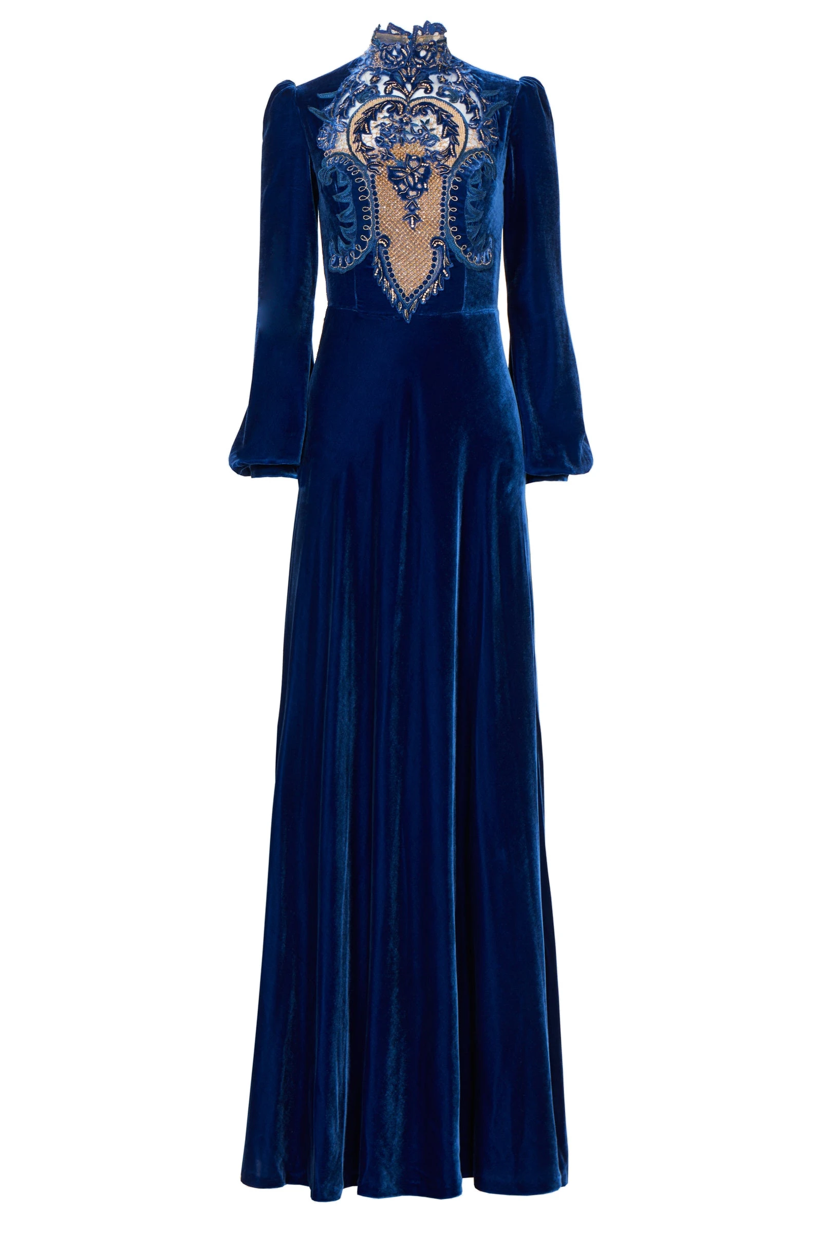 Costarellos Aliska Silk Velvet Lace Applique Gown in Electric Blue Costarellos Aliska Silk Velvet Lace Applique Gown in Electric Blue | Coveti