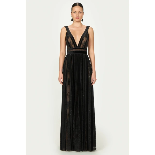 Costarellos Andrie French Lace Gown in Black | Evening Gowns | Coveti