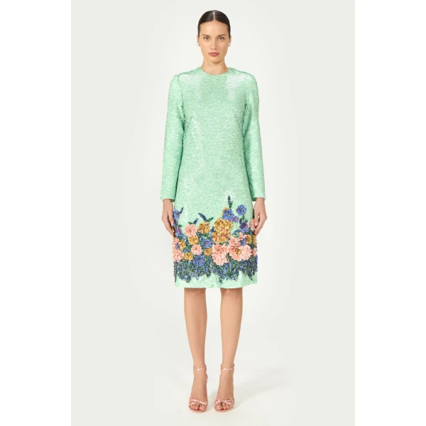 Costarellos Arla Sequin Floral Midi Dress in Green | Midi Dresses | Coveti