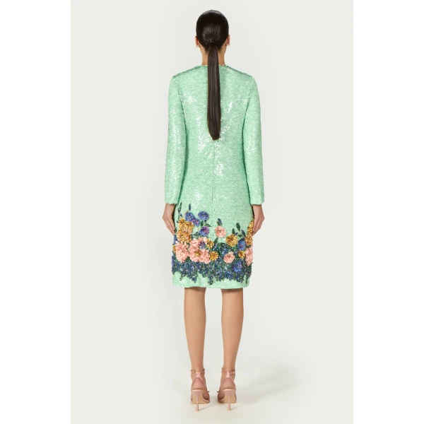 Costarellos Arla Sequin Floral Midi Dress in Green | Midi Dresses | Coveti