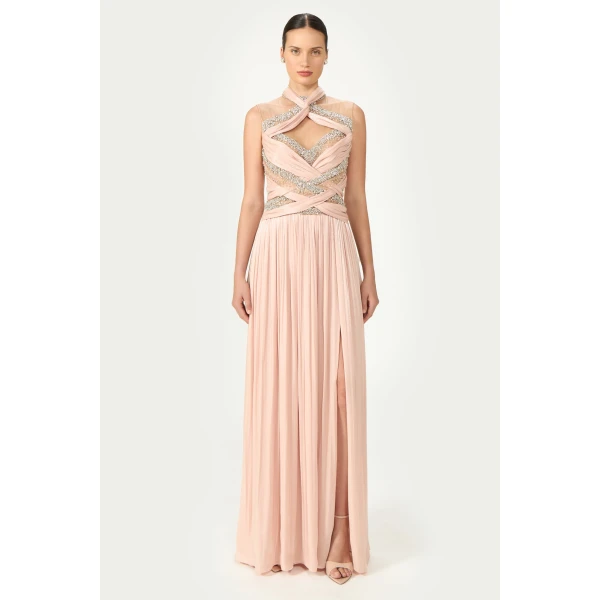 Costarellos Avalia Lurex Georgette Halter Gown in Nude Pink | Evening Gowns | Coveti