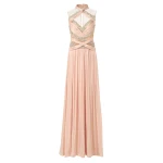 Costarellos Avalia Lurex Georgette Halter Gown in Nude Pink | Coveti