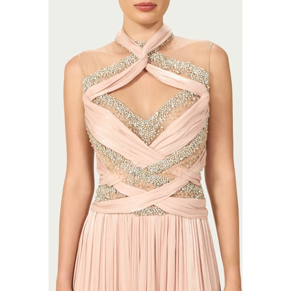 Costarellos Avalia Lurex Georgette Halter Gown in Nude Pink | Evening Gowns | Coveti