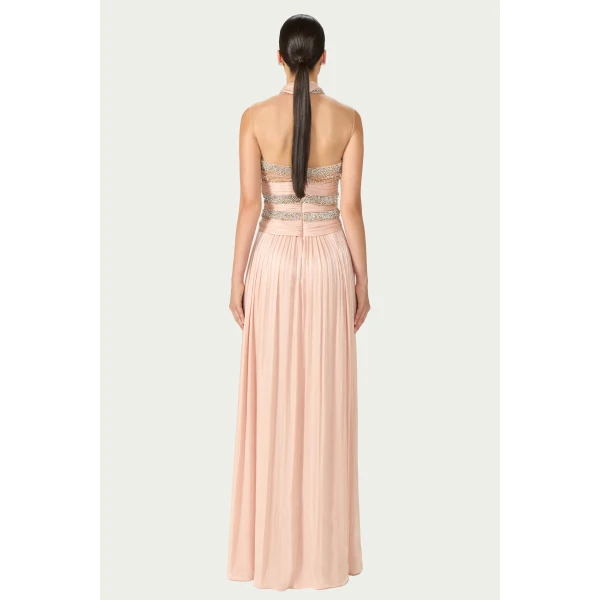 Costarellos Avalia Lurex Georgette Halter Gown in Nude Pink | Evening Gowns | Coveti