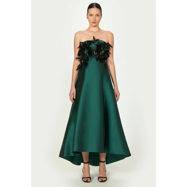 Costarellos Avielle Silk Mikado Strapless Dress in Dark Green | Evening Gowns | Coveti