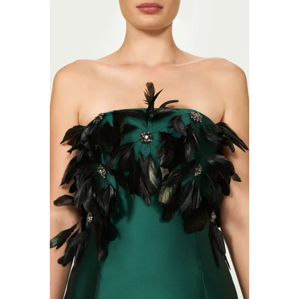 Costarellos Avielle Silk Mikado Strapless Dress in Dark Green | Evening Gowns | Coveti