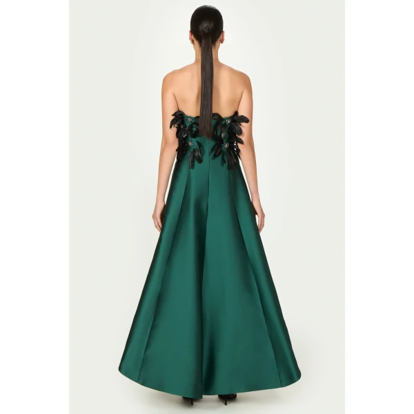 Costarellos Avielle Silk Mikado Strapless Dress in Dark Green | Evening Gowns | Coveti