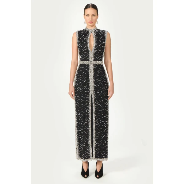 Costarellos Belina Embroidered Crystals Column Gown in Black | Evening Gowns | Coveti