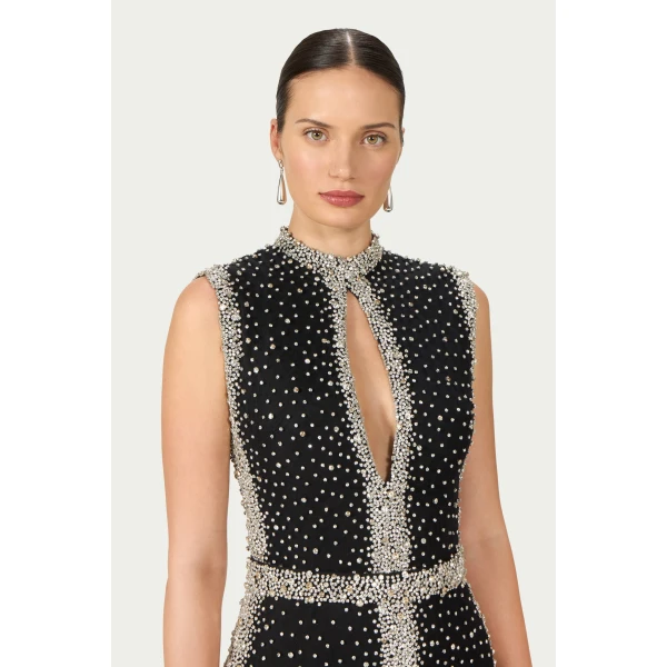 Costarellos Belina Embroidered Crystals Column Gown in Black | Evening Gowns | Coveti