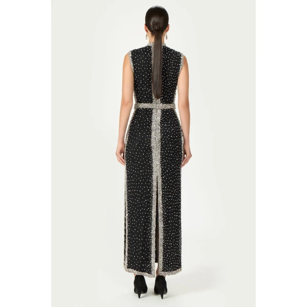 Costarellos Belina Embroidered Crystals Column Gown in Black | Evening Gowns | Coveti