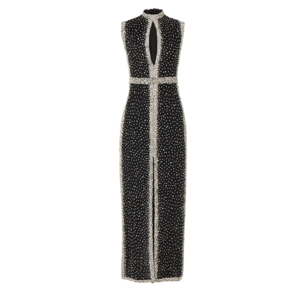 Belina Embroidered Crystals Column Gown in Black