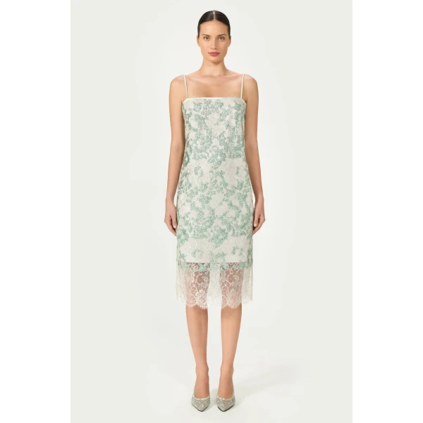 Costarellos Biona Sequined Lace Cami Dress in Grey and Green | Midi Dresses | Coveti