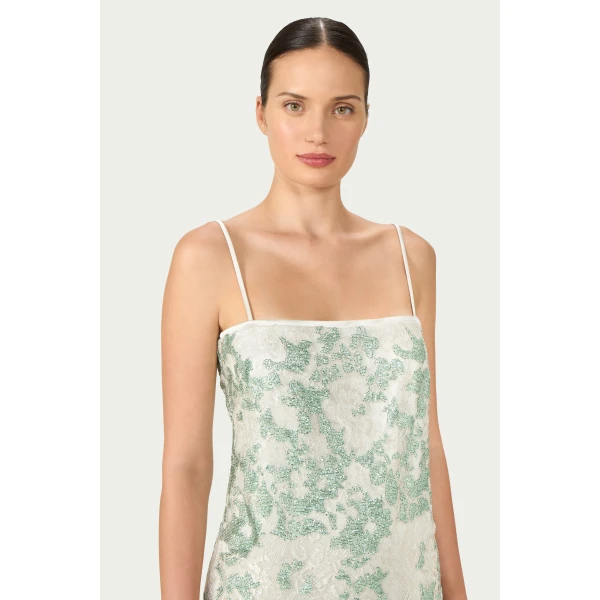 Costarellos Biona Sequined Lace Cami Dress in Grey and Green | Midi Dresses | Coveti