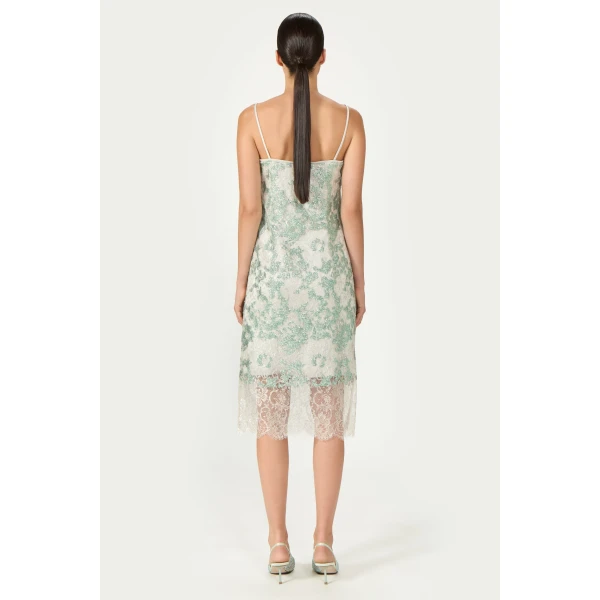 Costarellos Biona Sequined Lace Cami Dress in Grey and Green | Midi Dresses | Coveti
