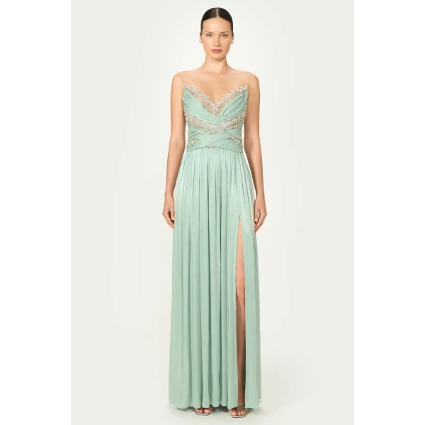 Costarellos Branka Lurex Georgette Gown in Mint | Evening Gowns | Coveti