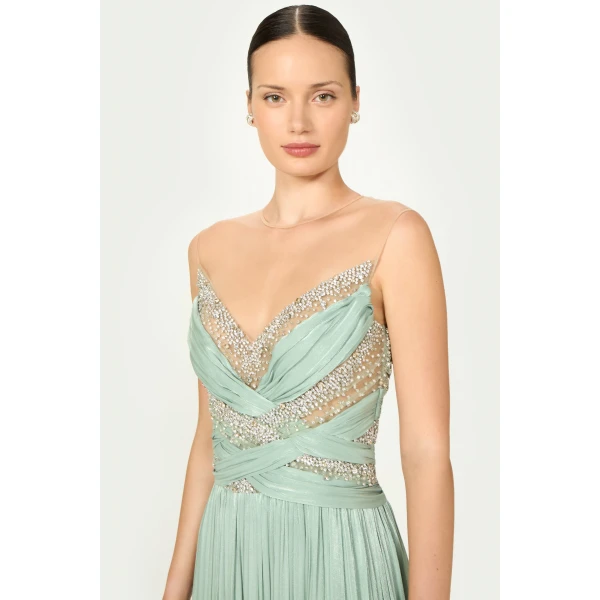 Costarellos Branka Lurex Georgette Gown in Mint | Evening Gowns | Coveti