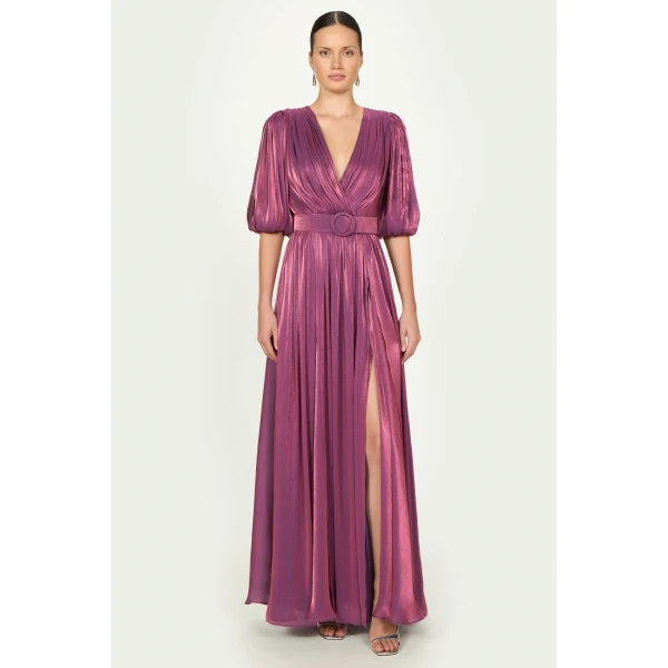Costarellos Brennie Lurex Georgette Dress in Purple | Evening Gowns | Coveti
