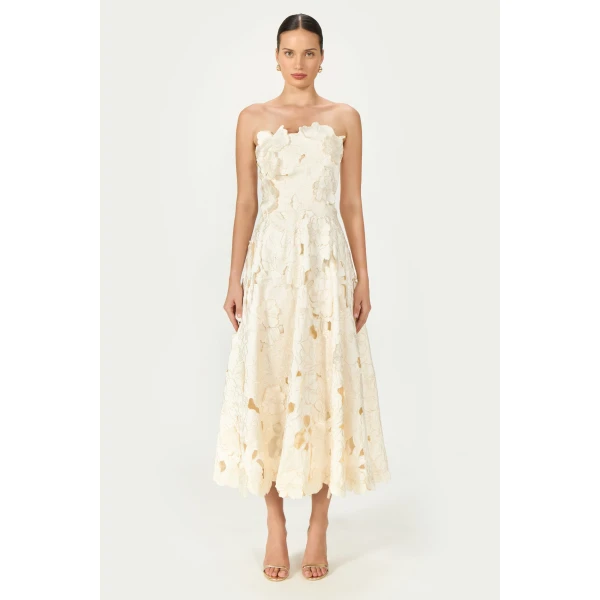 Costarellos Brissa Satin Floral-Cut Midi Dress in Cream | Midi Dresses | Coveti