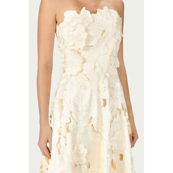 Costarellos Brissa Satin Floral-Cut Midi Dress in Cream | Midi Dresses | Coveti
