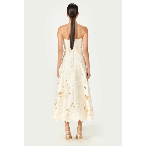 Costarellos Brissa Satin Floral-Cut Midi Dress in Cream | Midi Dresses | Coveti