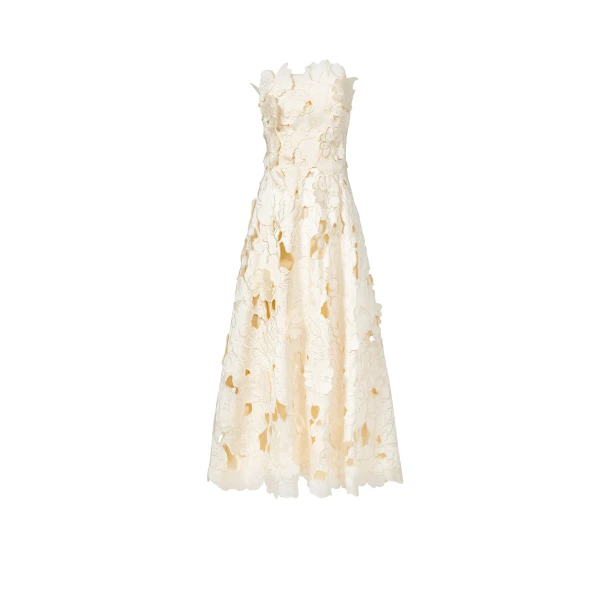 Costarellos Brissa Satin Floral-Cut Midi Dress in Cream | Coveti