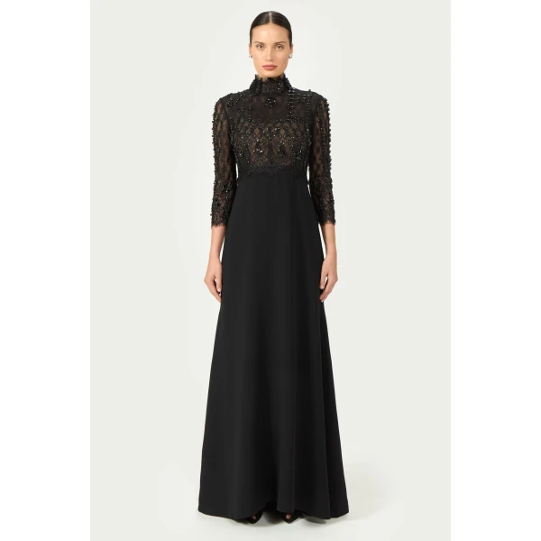 Costarellos Brona Beaded Lace Crepe Gown in Black | Evening Gowns | Coveti