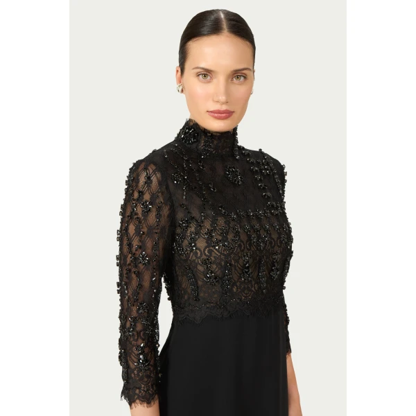 Costarellos Brona Beaded Lace Crepe Gown in Black | Evening Gowns | Coveti