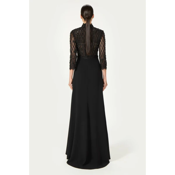 Costarellos Brona Beaded Lace Crepe Gown in Black | Evening Gowns | Coveti