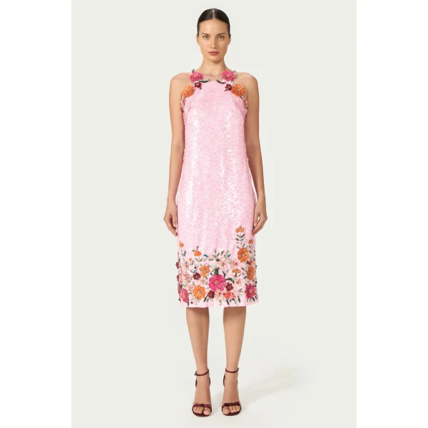 Costarellos Capria Sequin Midi Dress in Pink | Midi Dresses | Coveti