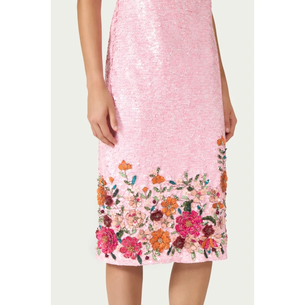 Costarellos Capria Sequin Midi Dress in Pink | Midi Dresses | Coveti