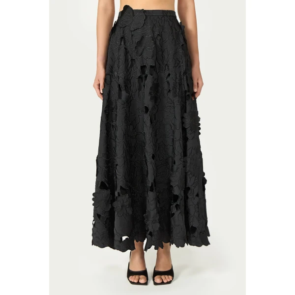 Costarellos Chelsie Floral-Cut Satin Circle Skirt in Black | Maxi Skirts | Coveti