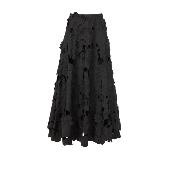 Chelsie Floral-Cut Satin Circle Skirt in Black