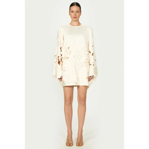 Costarellos Claudie Floral-Cut Satin Tunic in Cream | Mini Dresses | Coveti