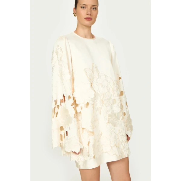 Costarellos Claudie Floral-Cut Satin Tunic in Cream | Mini Dresses | Coveti