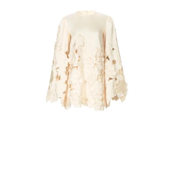 Costarellos Claudie Floral-Cut Satin Tunic in Cream | Coveti