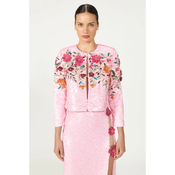 Costarellos Crissy Sequin Floral Jacket in Dusty Pink | Jackets | Coveti