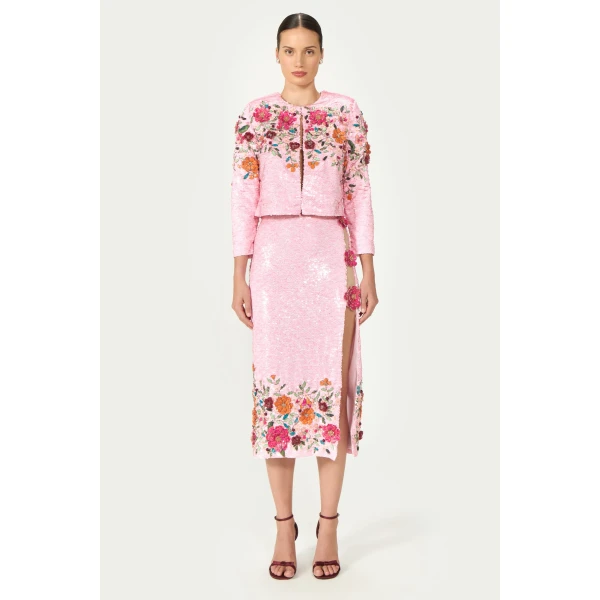 Costarellos Crissy Sequin Floral Jacket in Dusty Pink | Jackets | Coveti