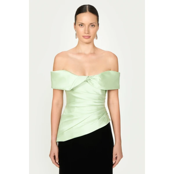 Costarellos Devina Silk Mikado Off-Shoulder Top in Anise Green | Tops | Coveti