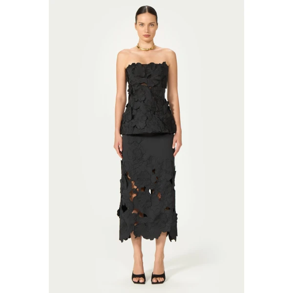 Costarellos Edita Floral-Cut Satin Bustier in Black | Tops | Coveti