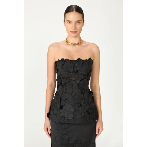 Costarellos Edita Floral-Cut Satin Bustier in Black | Tops | Coveti
