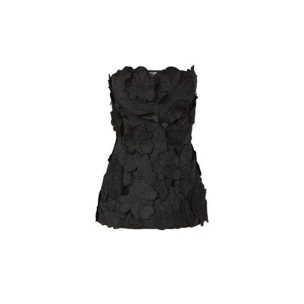 Costarellos Edita Floral-Cut Satin Bustier in Black | Coveti