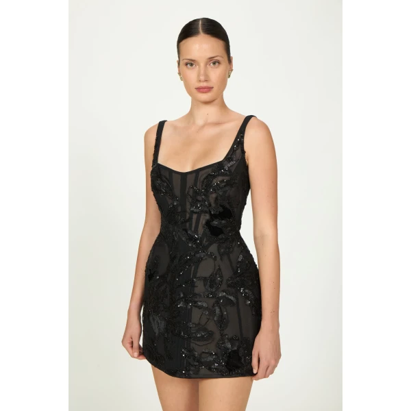Costarellos Elitta Tulle Corset Mini Dress in Black | Mini Dresses | Coveti