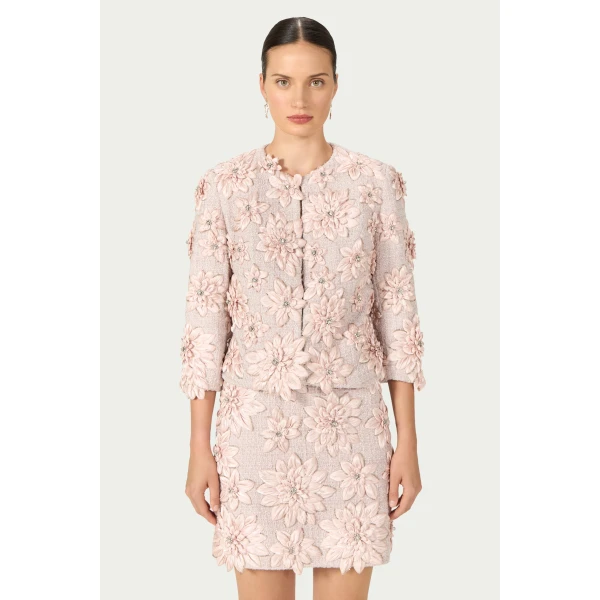 Costarellos Finna Petal Lurex Satin Tailored Jacket in Dusty Pink | Blazers | Coveti