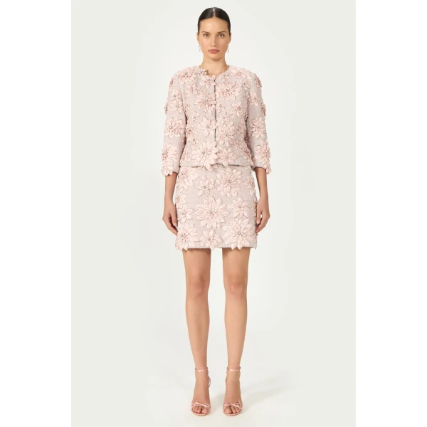 Costarellos Finna Petal Lurex Satin Tailored Jacket in Dusty Pink | Blazers | Coveti