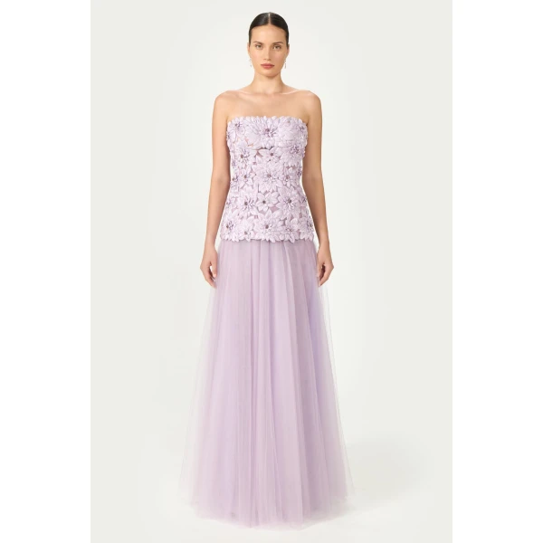 Costarellos Gisella Petal Lurex Satin Tulle Strapless Dress in Mauve | Evening Gowns | Coveti
