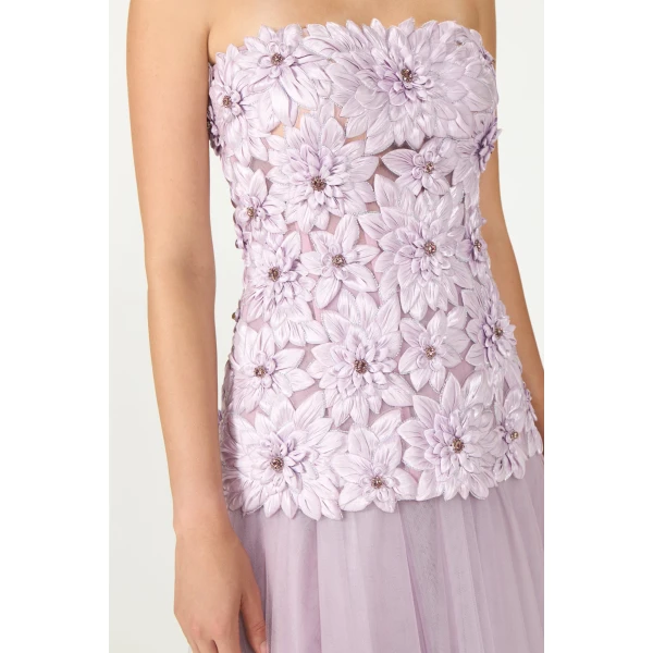 Costarellos Gisella Petal Lurex Satin Tulle Strapless Dress in Mauve | Evening Gowns | Coveti
